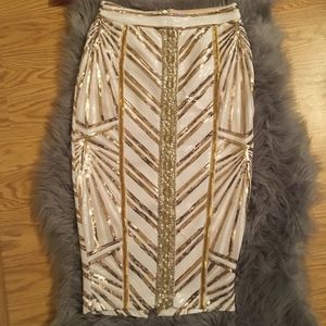 BOOHOO Premium "Deco" sequin & pearl pencil skirt